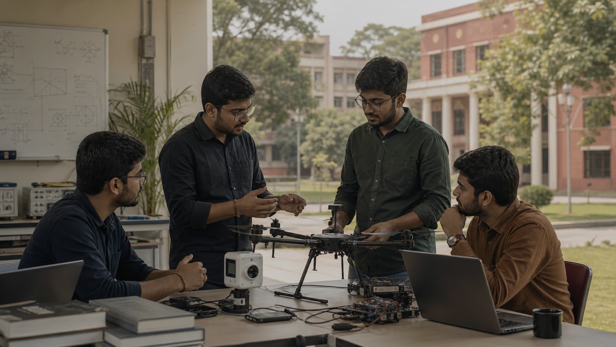 Indian deep-tech campus team working with a commercial drone prototype at an incubator.