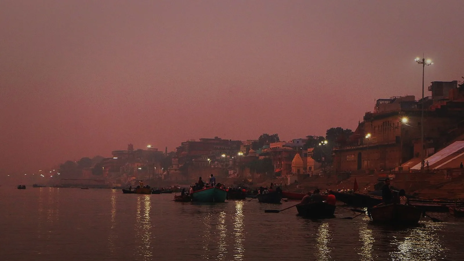 Riverfront ghats of Varanasi, India, at dusk