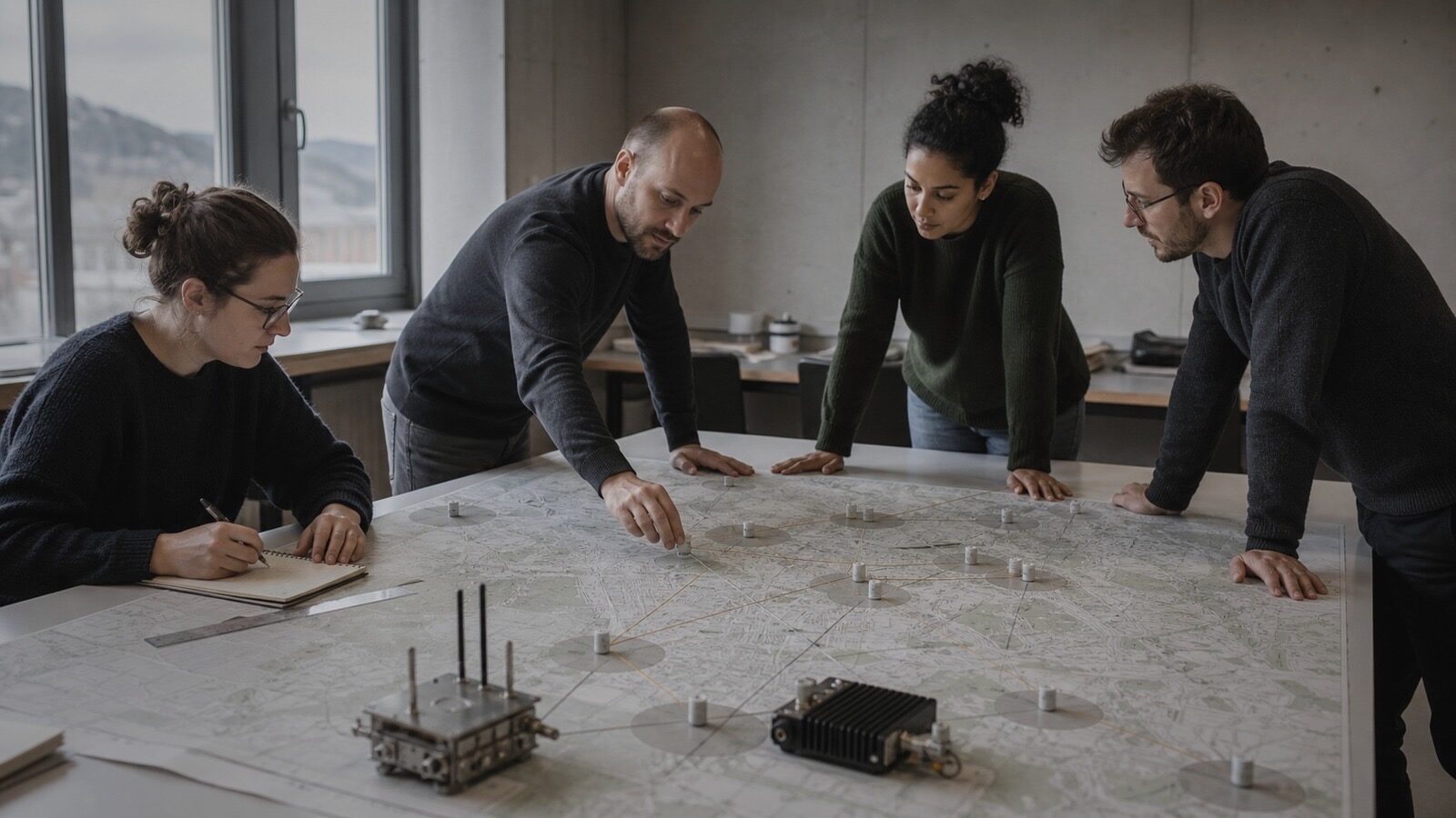 Four researchers around a large printed map, placing sensor markers and coverage rings, with radio hardware on the table.