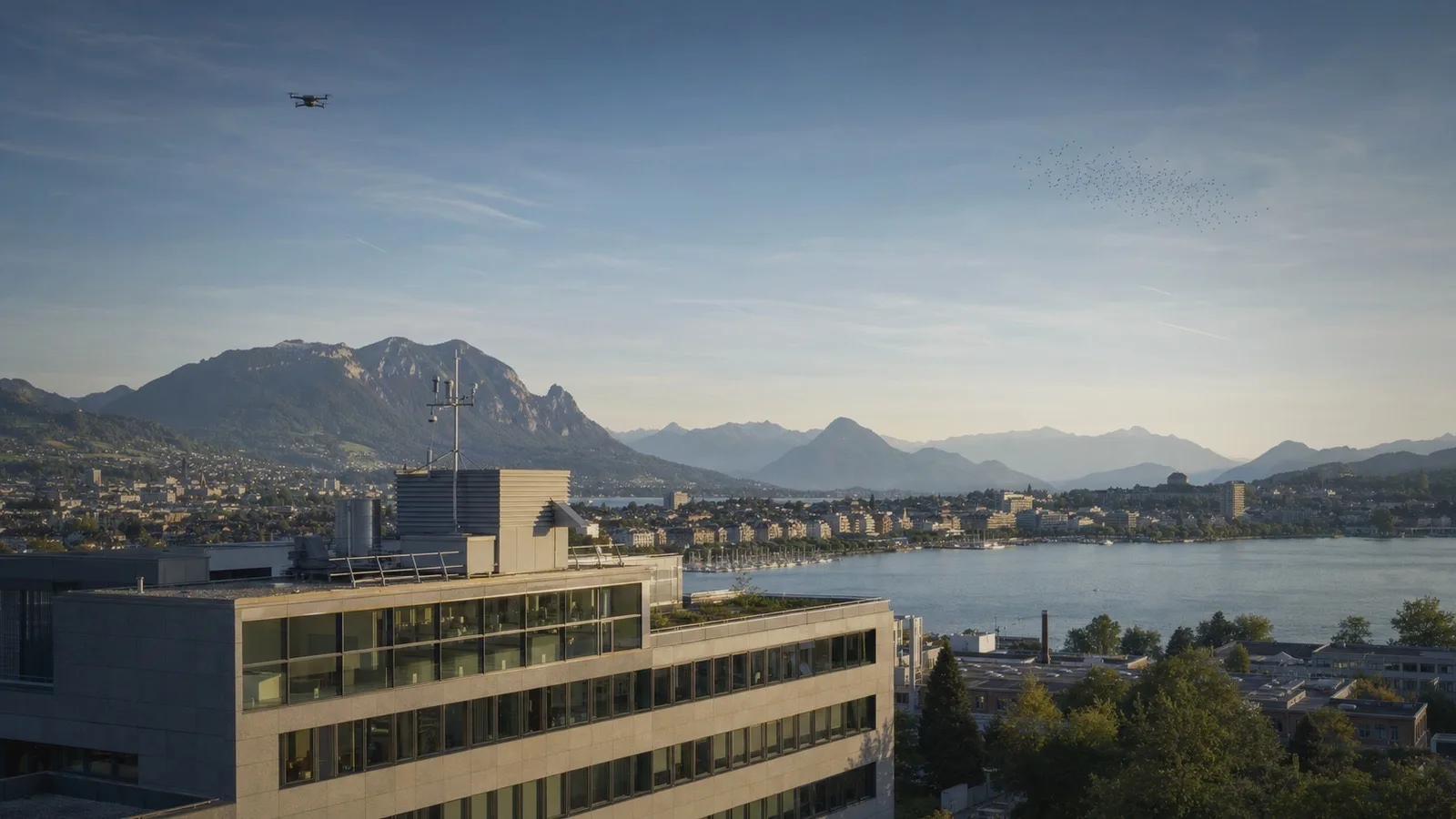 A drone over Lake Lucerne at dawn, with a rooftop sensor mast in the foreground and a flock of birds in the distance.