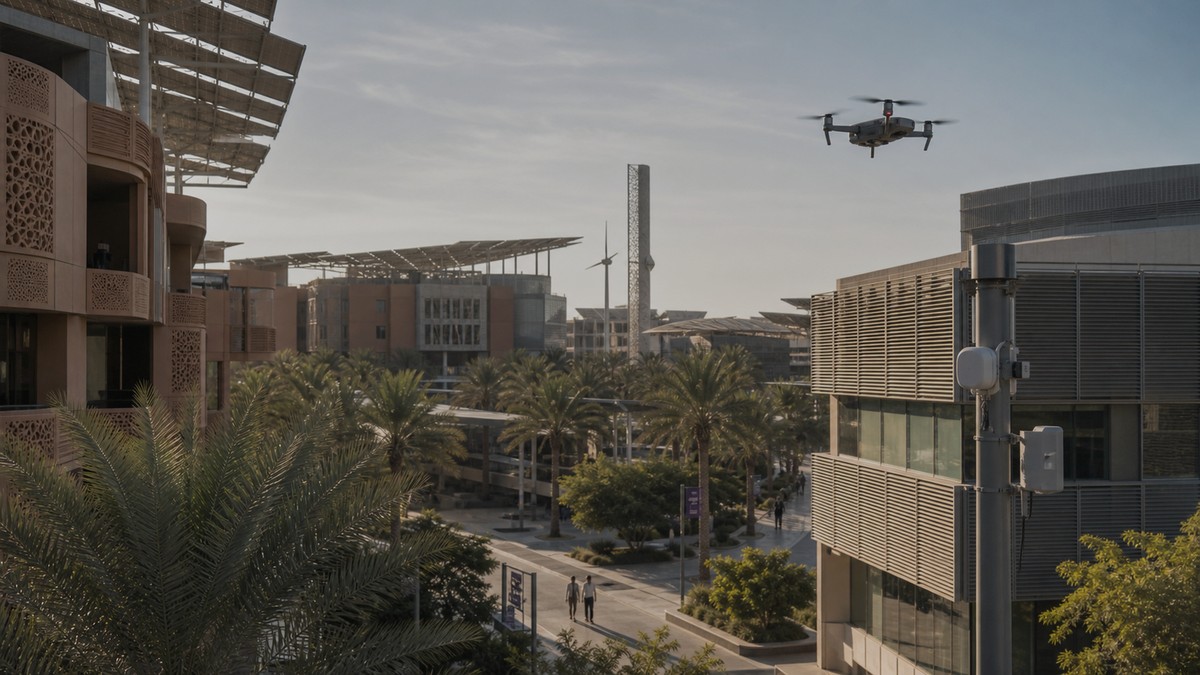 Masdar City technology district in Abu Dhabi with low-altitude drone infrastructure context.
