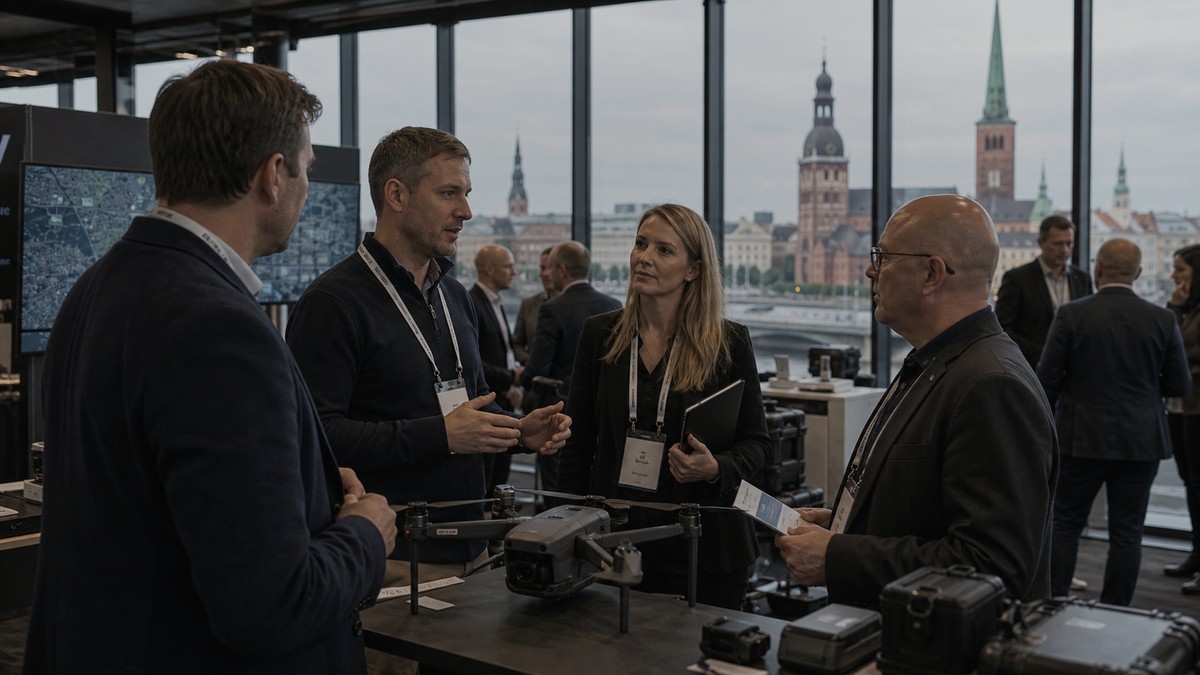 European drone technology summit attendees discussing commercial drone infrastructure in Riga.