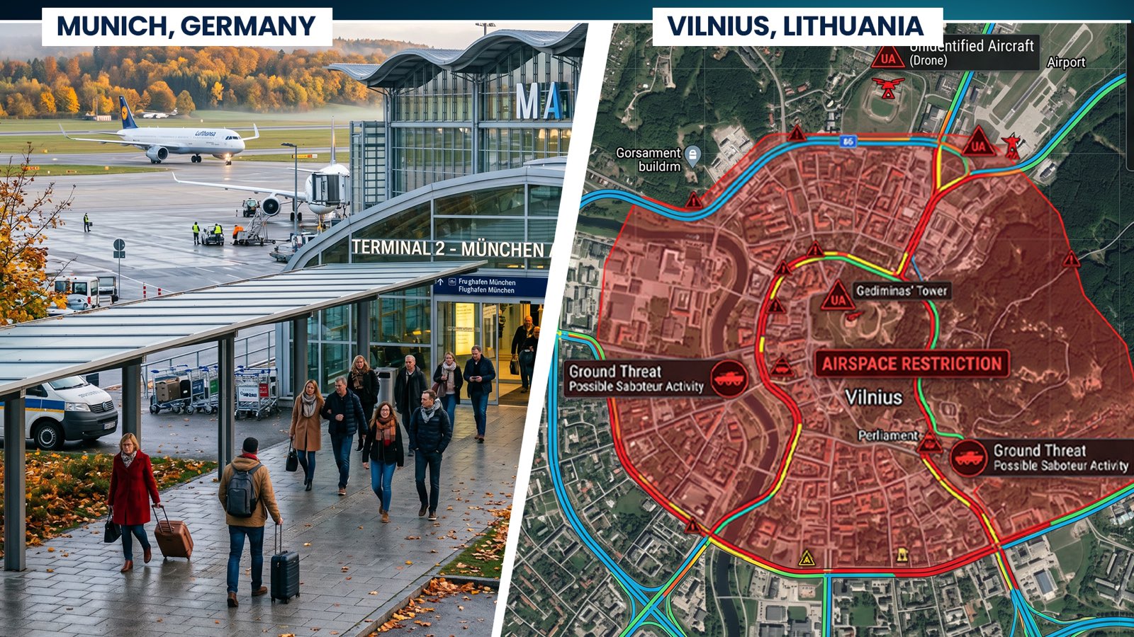 Composite map and satellite imagery of the Vilnius airspace incident