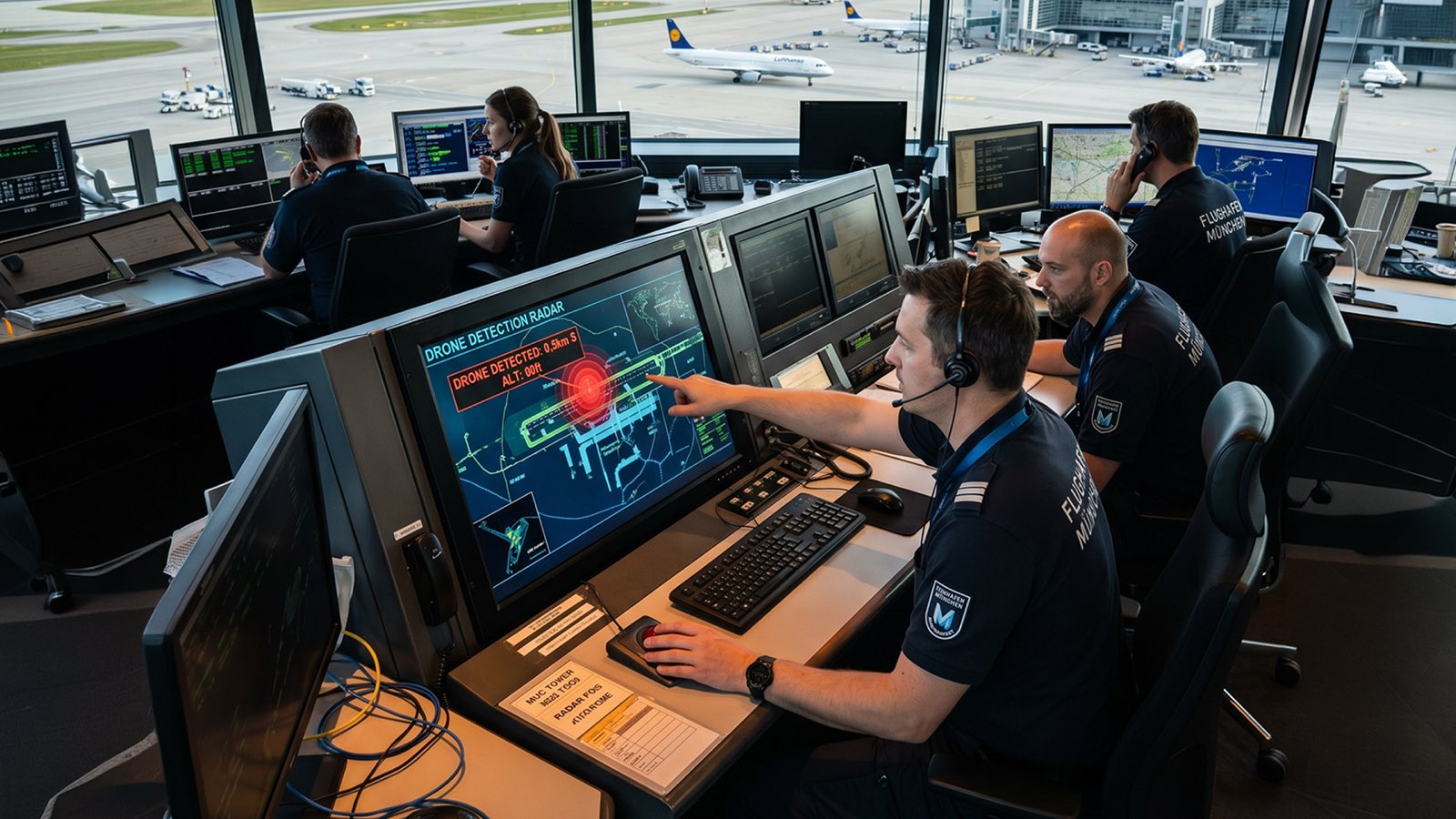 Security operators monitoring airspace in a command-and-control centre