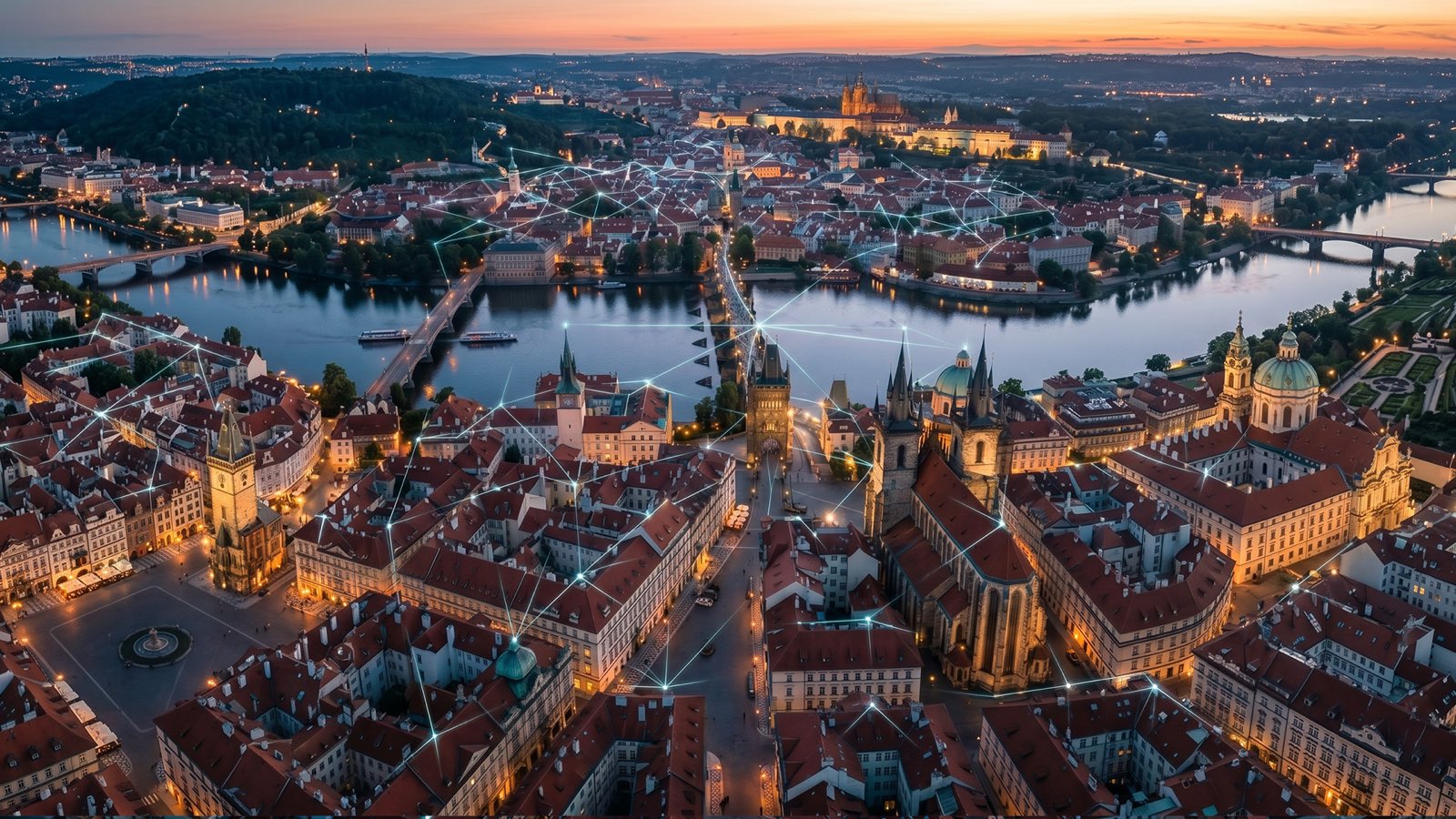 Aerial view of a European city along a river