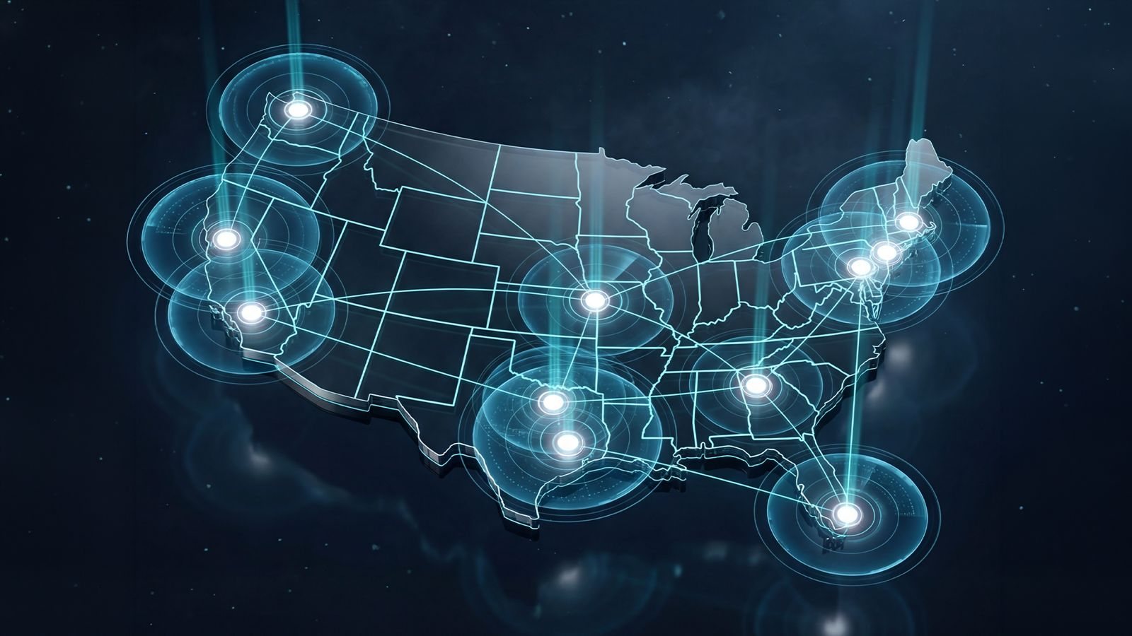 Illustration of a distributed airspace-monitoring sensor network with glowing detection nodes across US host cities.
