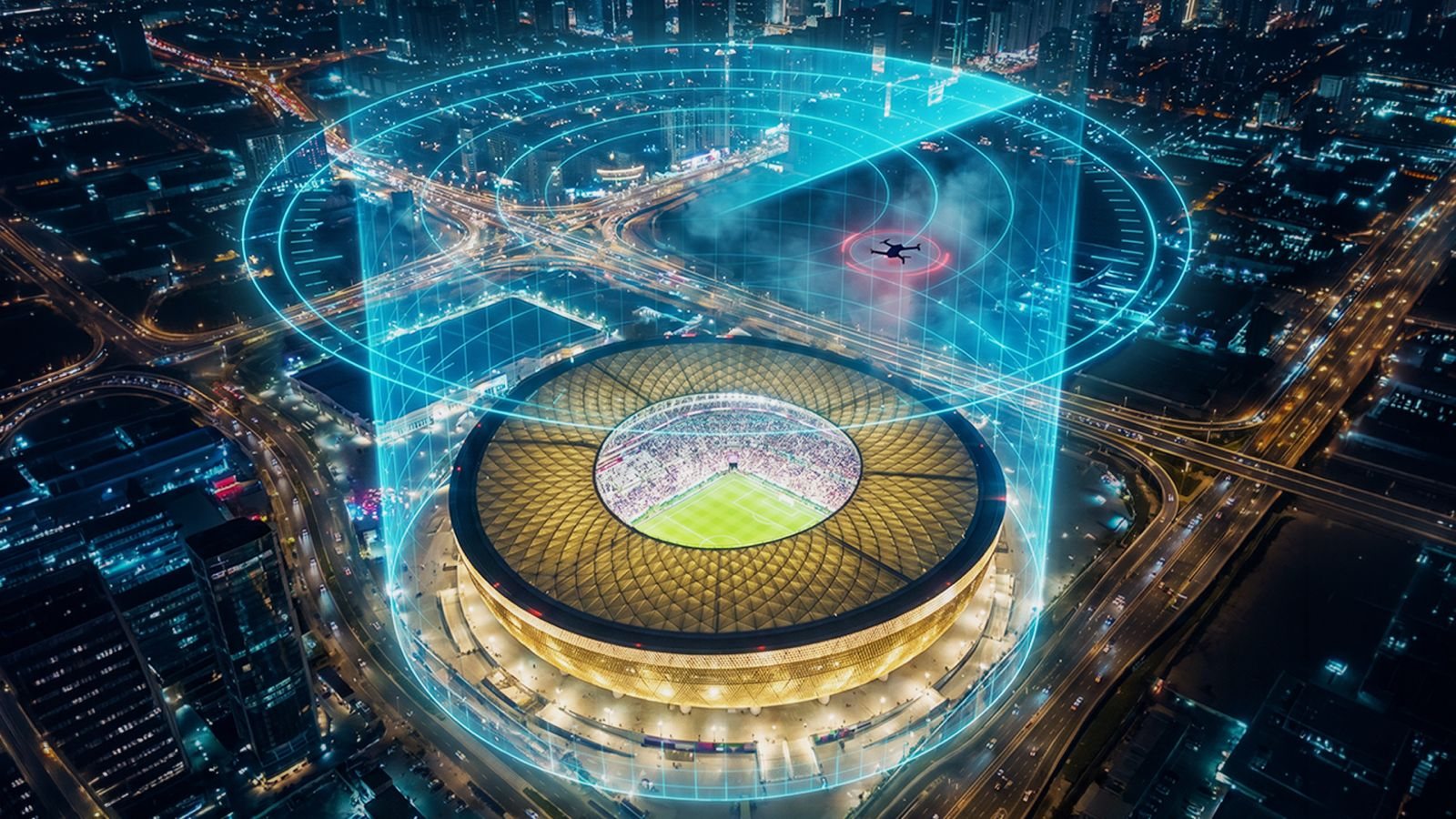 Aerial night view of a stadium encircled by a glowing airspace-security dome, with an unauthorised drone detected at its edge.