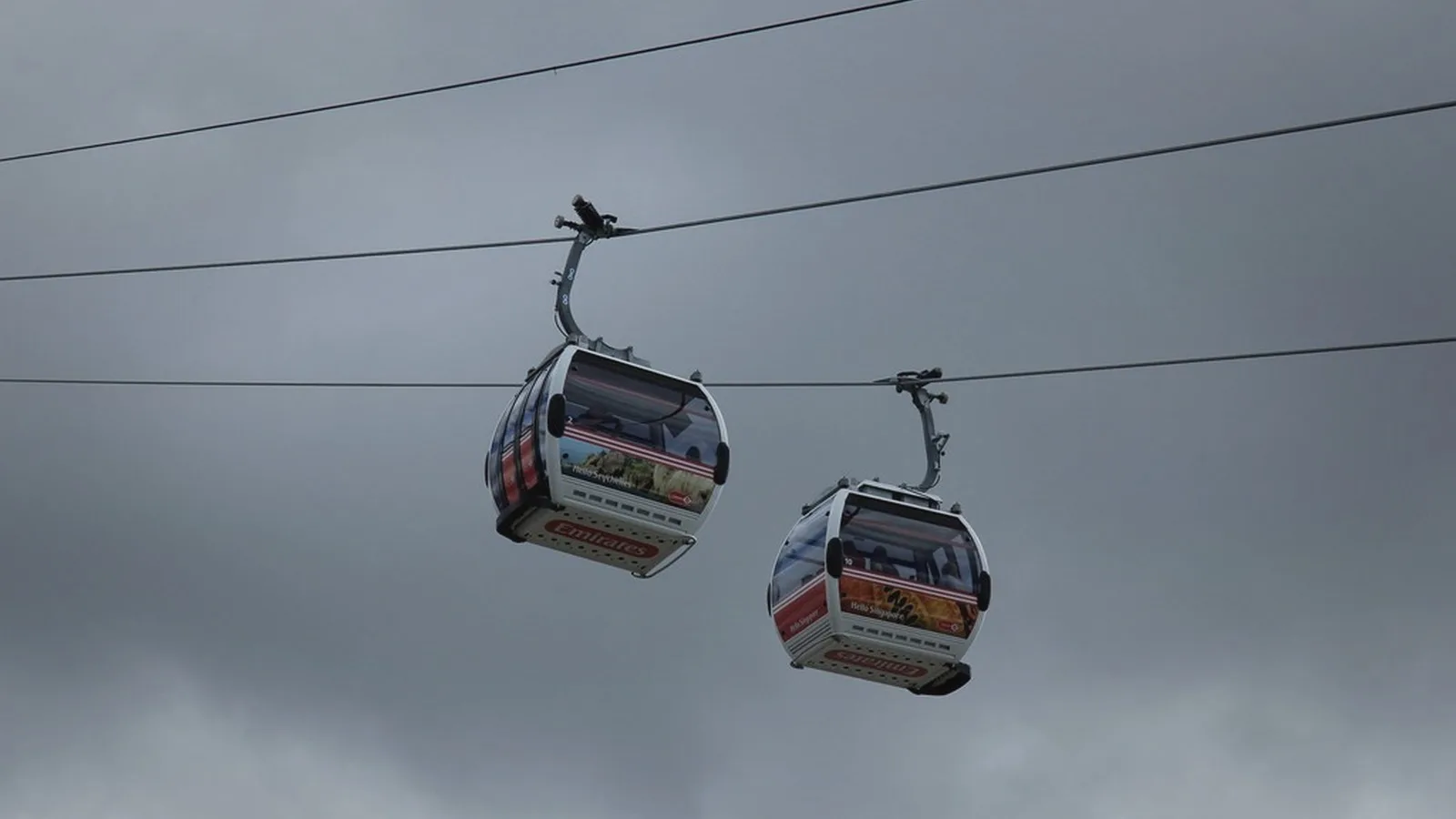 Cable-car gondolas crossing the sky on the Emirates Air Line, London
