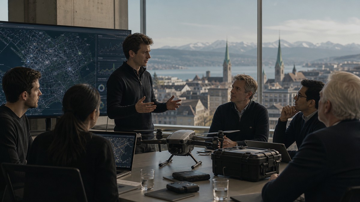 Swiss startup technology founders discussing drone and airspace infrastructure.