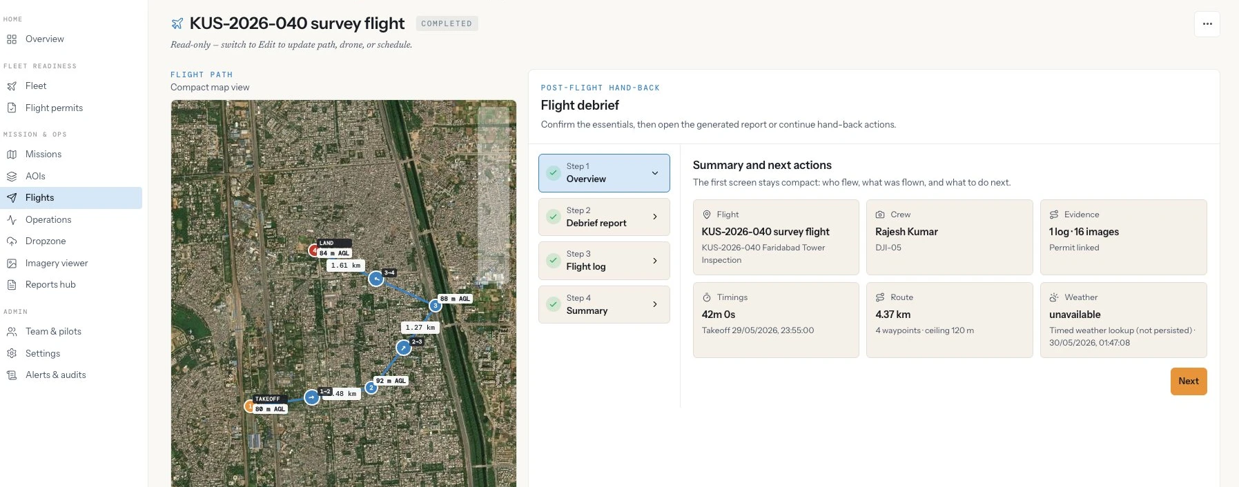 AerialEye post-flight hand-back showing a completed survey flight, its flight path on a map, and a debrief summary of crew, evidence, timings, route, and weather.