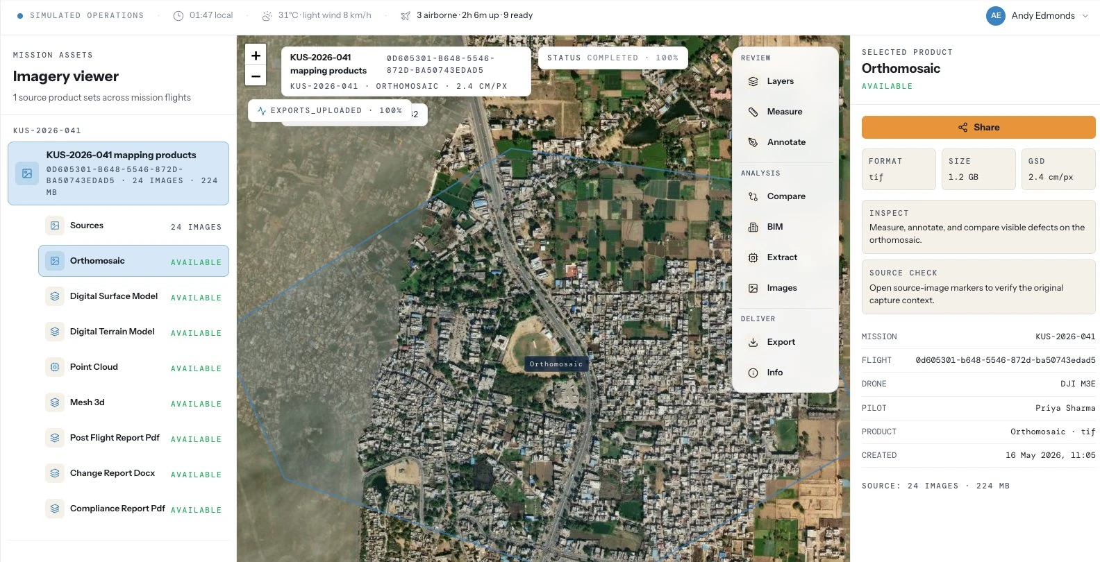 AerialEye imagery viewer showing an orthomosaic over farmland alongside a list of mapping products: orthomosaic, digital surface and terrain models, point cloud, 3D mesh, and reports.