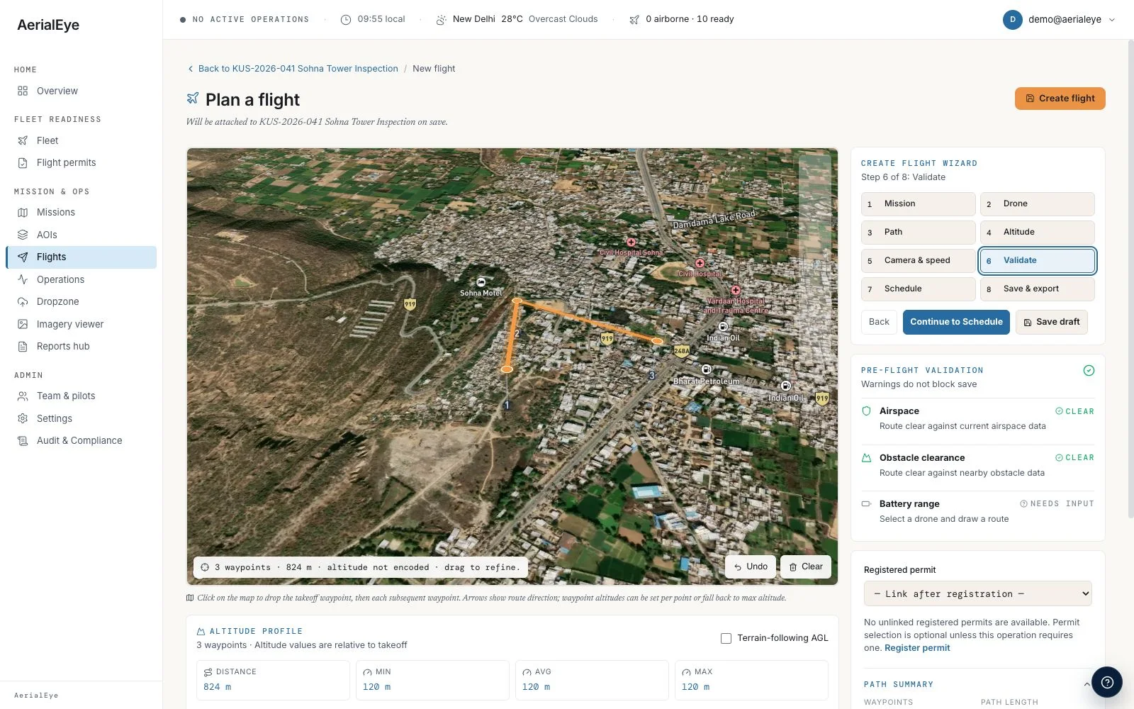 Flight planner showing a waypoint route and pre-flight validation checks