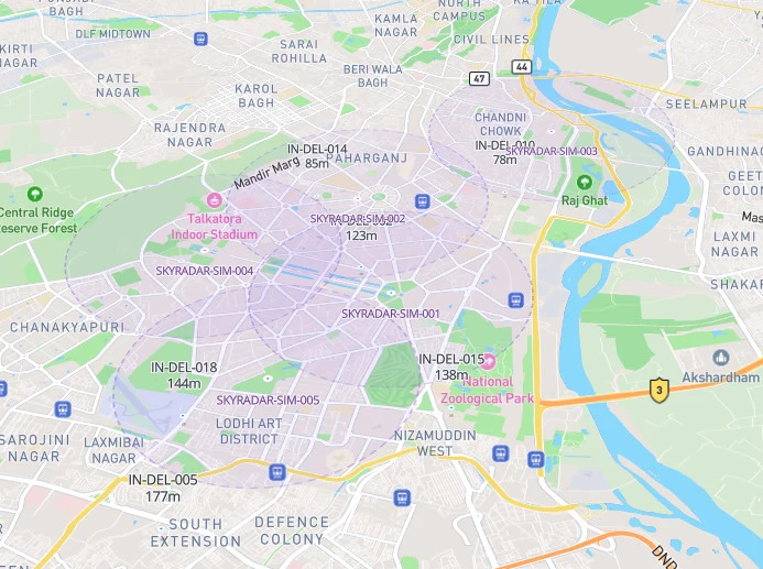 SkyGrid coverage map showing detection zones across central New Delhi.