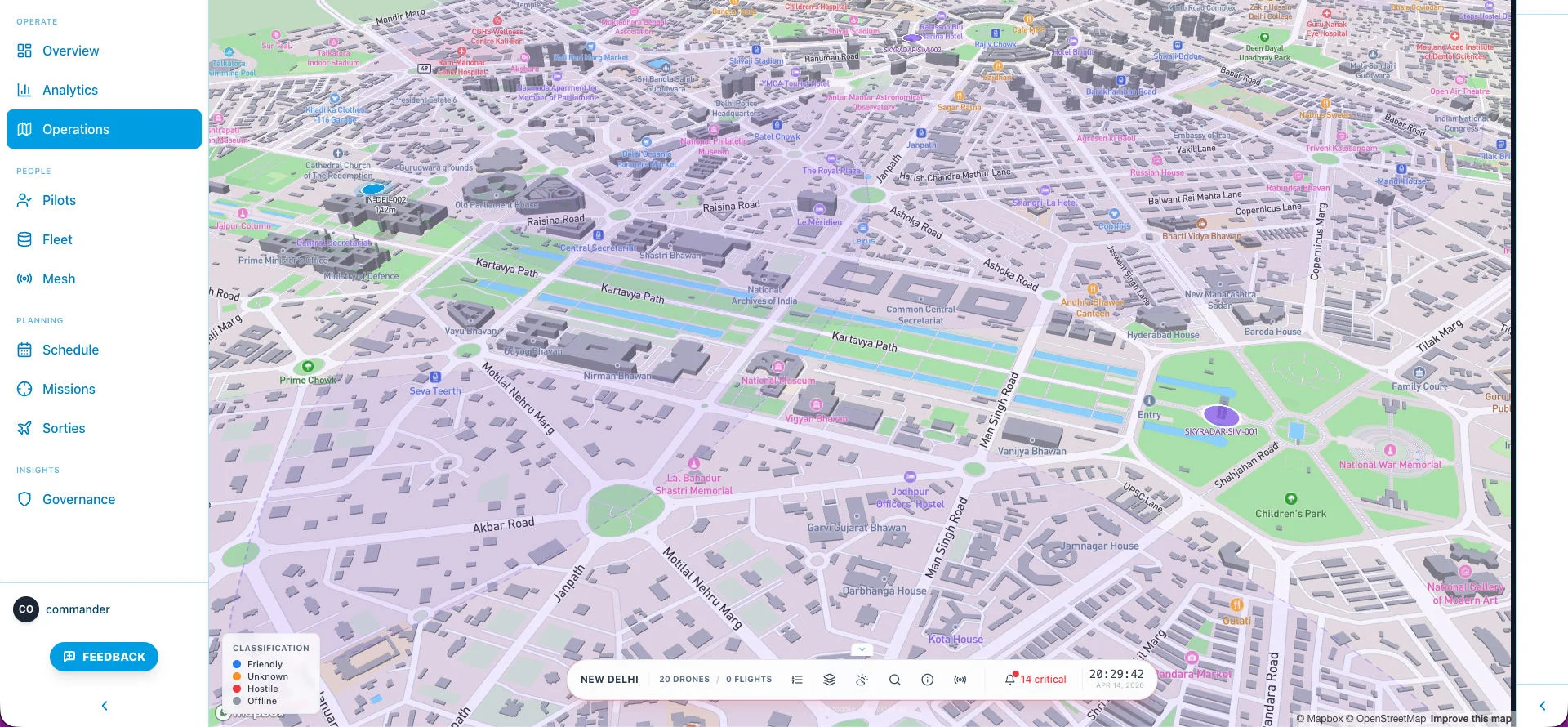 The SkyGrid operations interface: a 3D city map of New Delhi with live drone tracks, classification, and airspace panels.