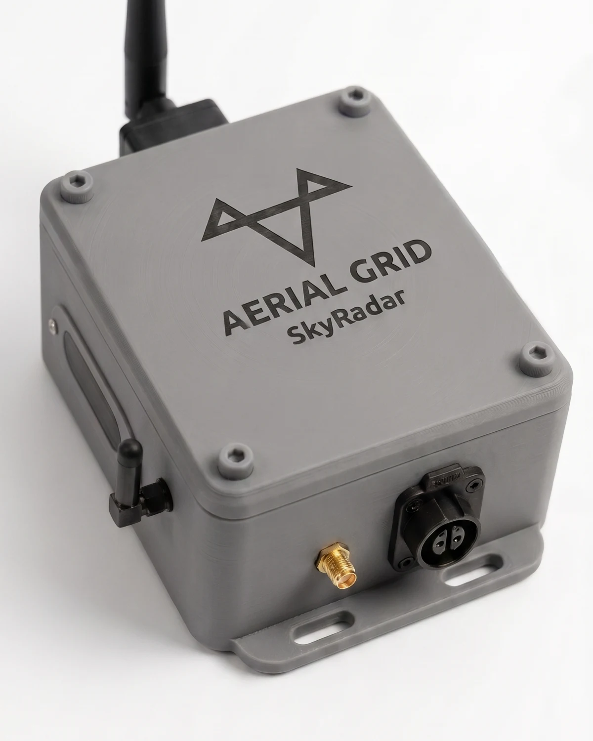 SkyRadar hardware unit shown with connector ports and mounting base.
