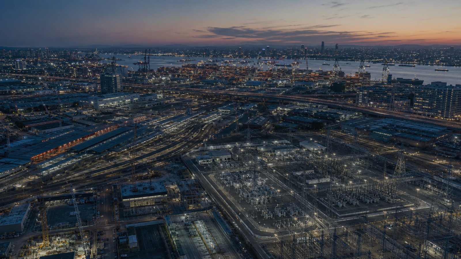 Critical urban infrastructure viewed from above at dusk.