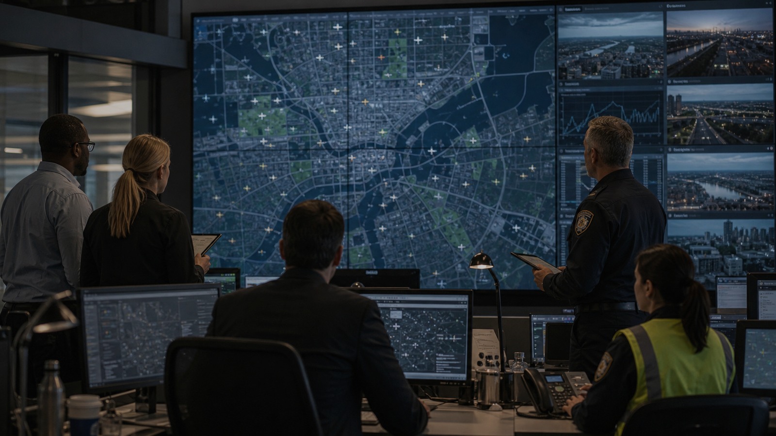 City operations team reviewing a shared city-scale airspace view.