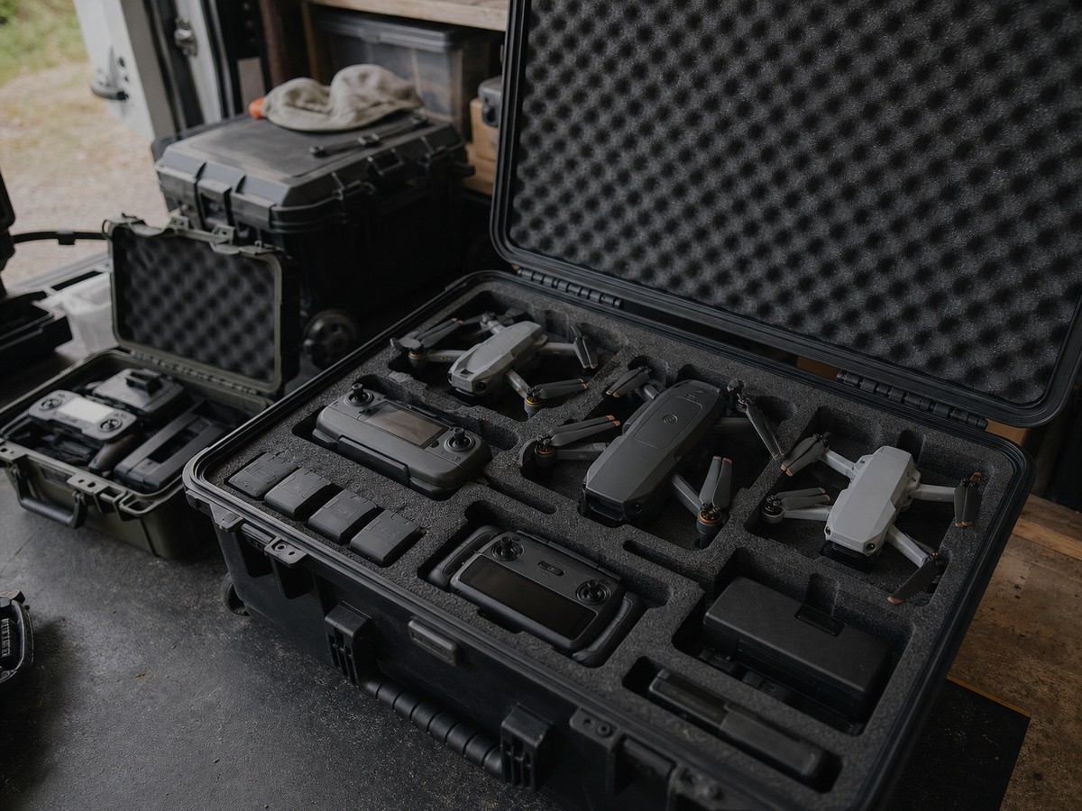 Mixed commercial drone fleet arranged in field cases with batteries and controllers.