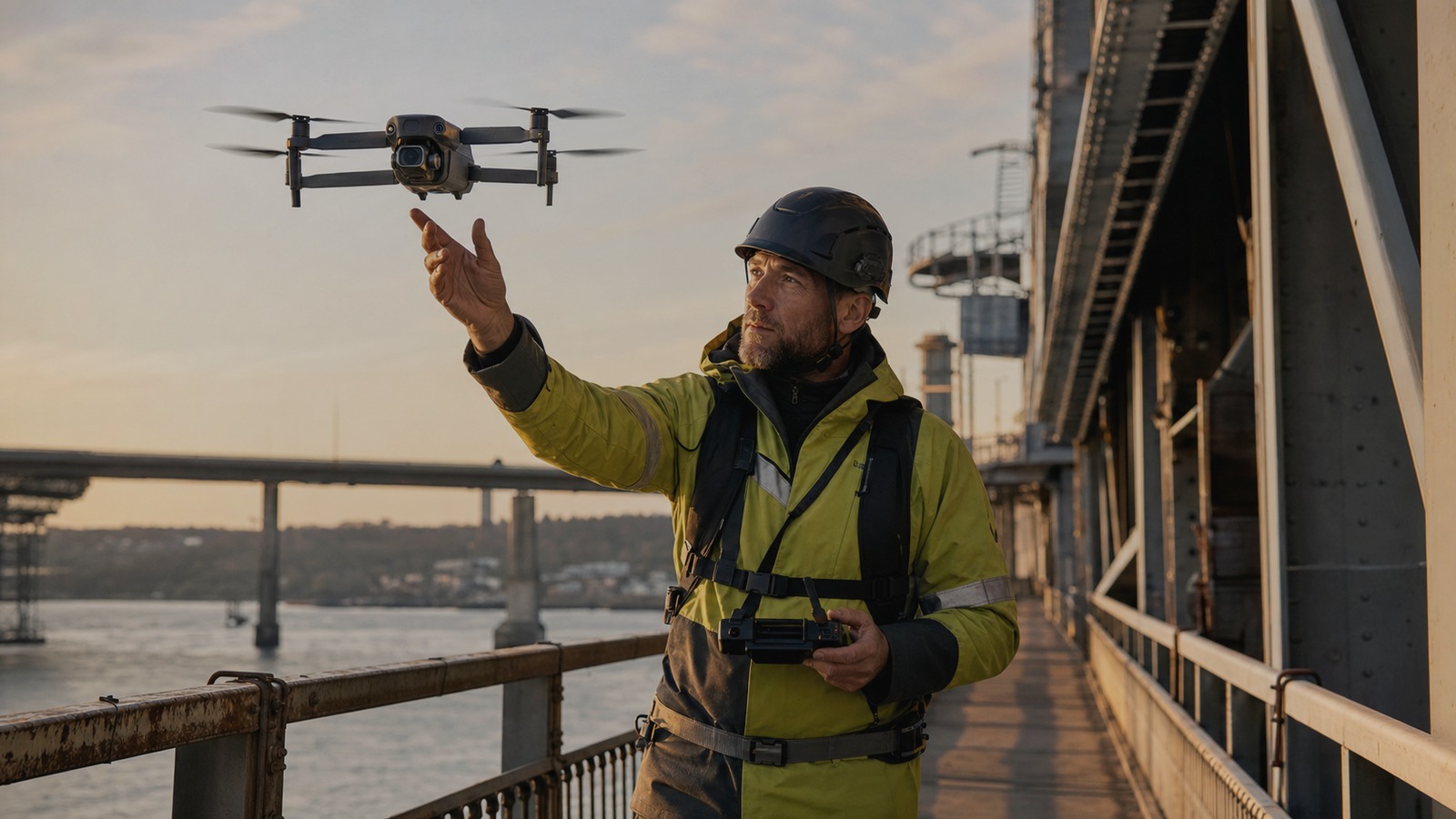 Professional drone operator launching a commercial drone beside bridge infrastructure.