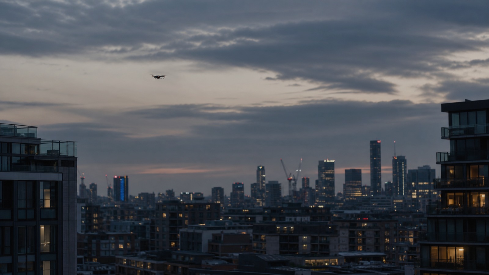 Small drone silhouetted above a city skyline at dusk.