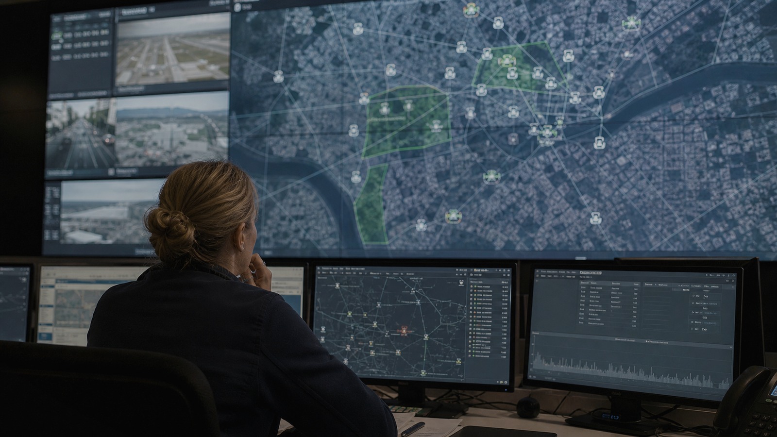 Airspace operations specialist reviewing monitored city airspace from a control room.