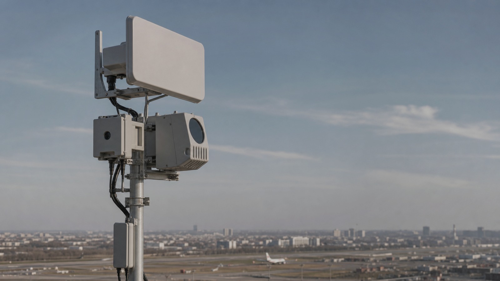 Ground-based airspace detection sensor mounted on a mast against open sky.