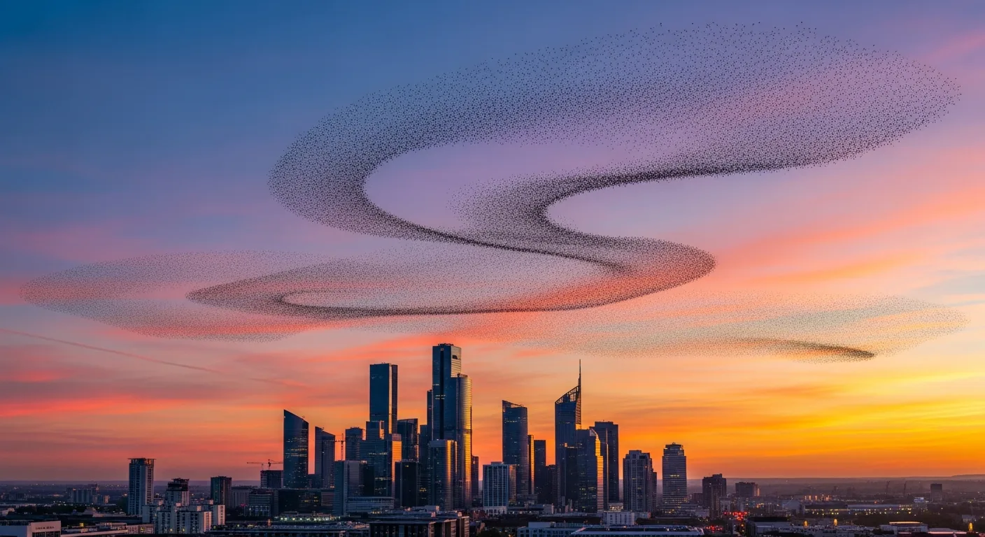 City skyline at golden hour under open sky